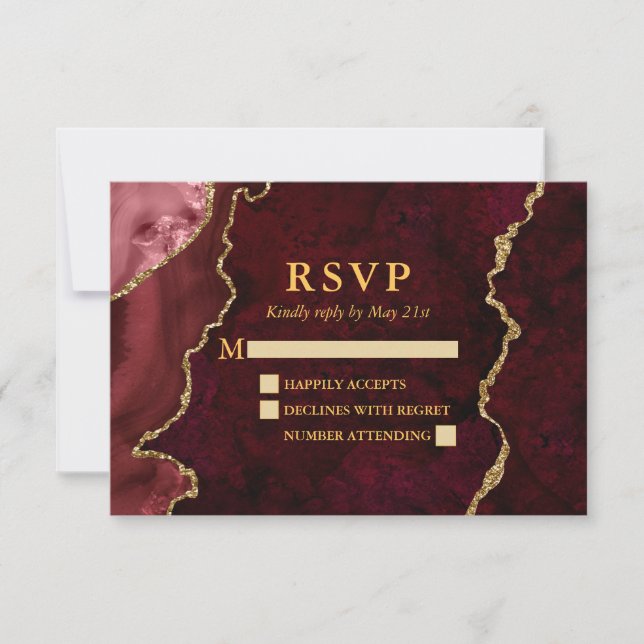 Burgundy Marble Agate Geode Wedding Gold RSVP Card (Front)