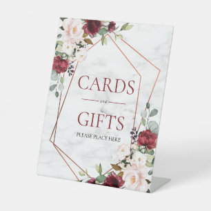 Burgundy Marble Geometric Floral Wedding Gift Pedestal Sign