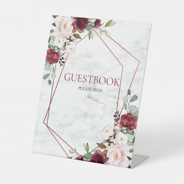 Burgundy Marble Geometric Guestbook Pedestal Sign (Front)