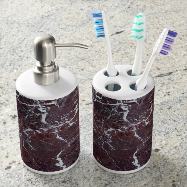 Burgundy marble soap dispenser and toothbrush holder (Front)