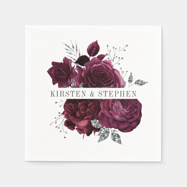 Burgundy Maroon and Silver Floral Wedding Cocktail Napkin (Front)