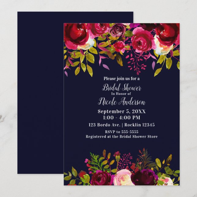 Burgundy Maroon Blue Fall Floral Bridal Shower Invitation (Front/Back)