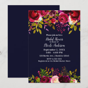 Burgundy Maroon Blue Fall Floral Bridal Shower Invitation