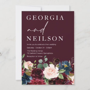 Burgundy, Maroon Botanical Fall Or Spring Wedding Invitation
