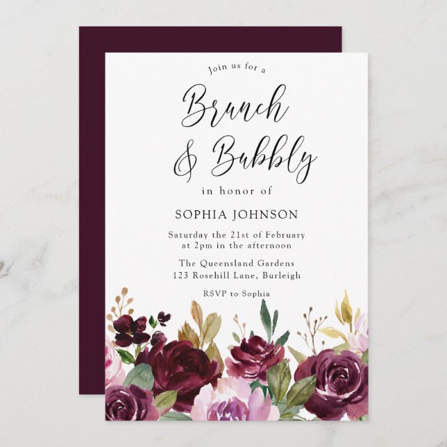 Burgundy Maroon Brunch & Bubbly Bridal Shower Invitation (Front/Back)