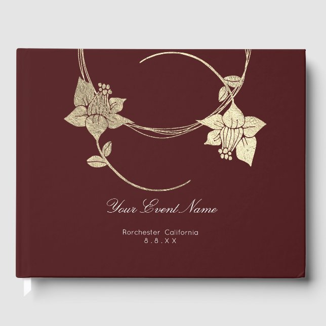 Burgundy Maroon Champaign Gold Floral Wedding Guest Book (Front)