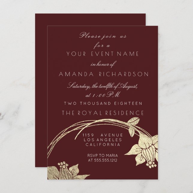 Burgundy Maroon Champaign Gold Floral Wreath Invitation (Front/Back)