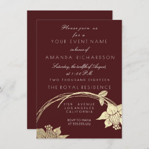 Burgundy Maroon Champaign Gold Floral Wreath Invitation