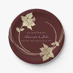 Burgundy Maroon Champaign Gold Floral Wreath Lux Paper Plate