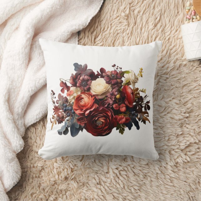 Burgundy Maroon Coral White Moody Floral Cushion (Blanket)