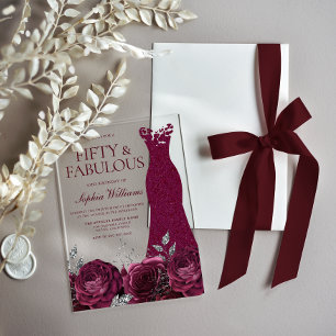 Burgundy Maroon Dress & Floral 50th Birthday Acrylic Invitations