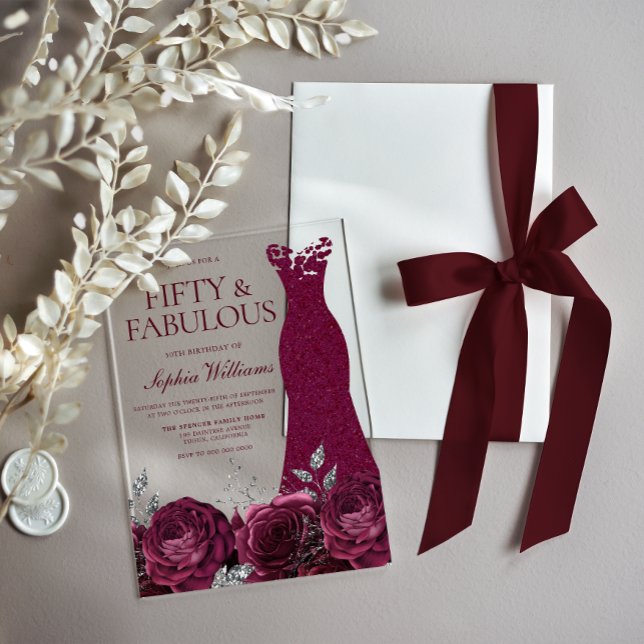 Burgundy Maroon Dress & Floral 50th Birthday Acrylic Invitations (Creator Uploaded)