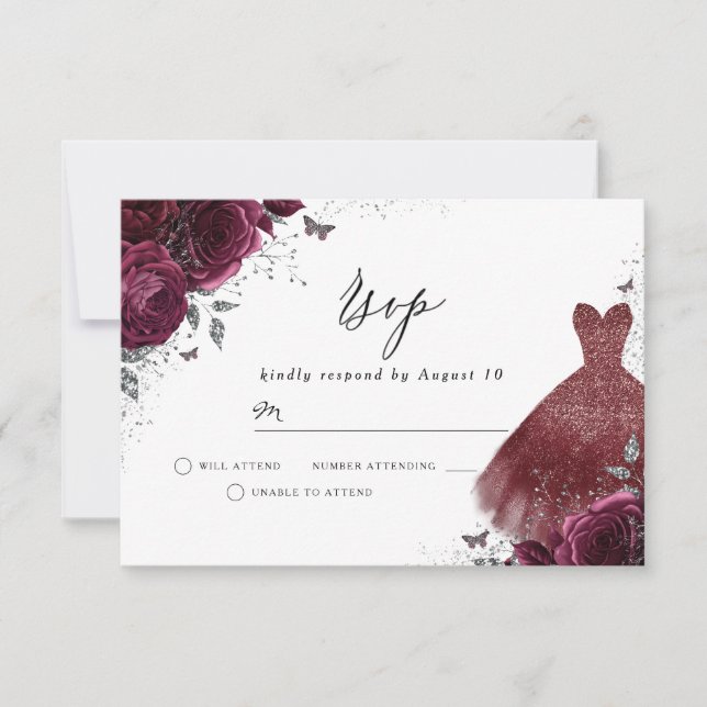 Burgundy Maroon Dress & Flowers Birthday Bridal RSVP Card (Front)