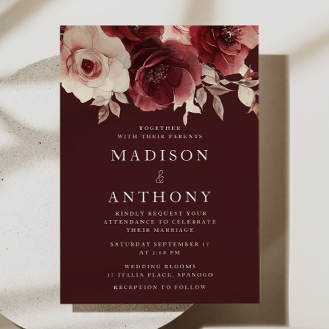 Burgundy Maroon Elegant Vintage Roses Wedding Invitation (Creator Uploaded)
