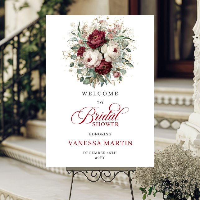 Burgundy Maroon Floral Bridal Shower Welcome Poster (Burgundy Maroon Floral Bridal Shower Welcome)
