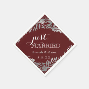 Burgundy Maroon Floral Grey Just Married Napkin