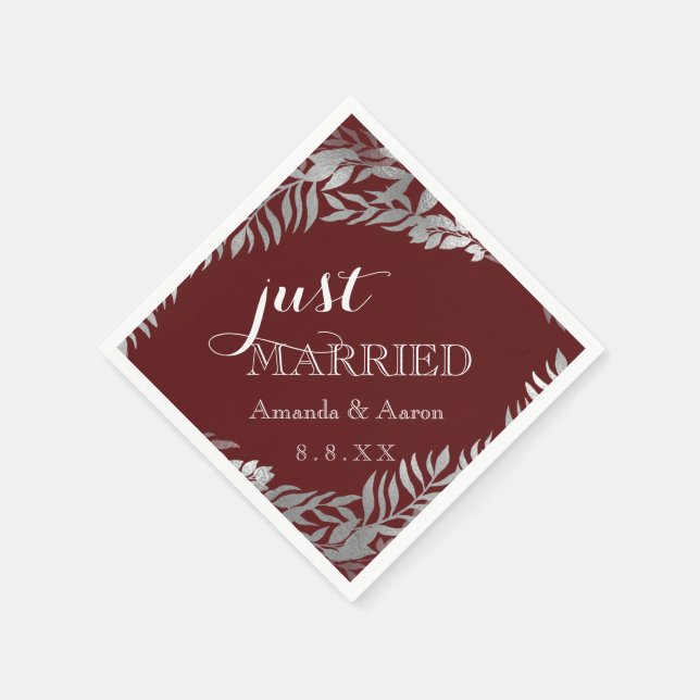 Burgundy Maroon Floral Grey Just Married Napkin (Corner)