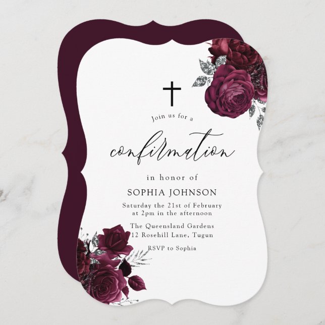 Burgundy Maroon Floral Silver Leaf Confirmation In Invitation (Front/Back)