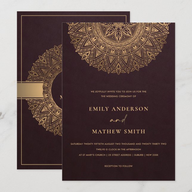 BURGUNDY MAROON GOLD CLASSY ORNATE MANDALA WEDDING INVITATION (Front/Back)