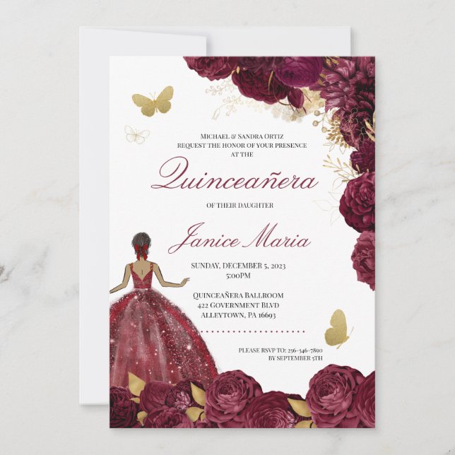 Burgundy Maroon Gold Floral Butterfly Quinceañera  Invitation (Front)