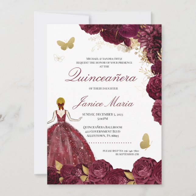 Burgundy Maroon Gold Floral Butterfly Quinceañera  Invitation (Front)
