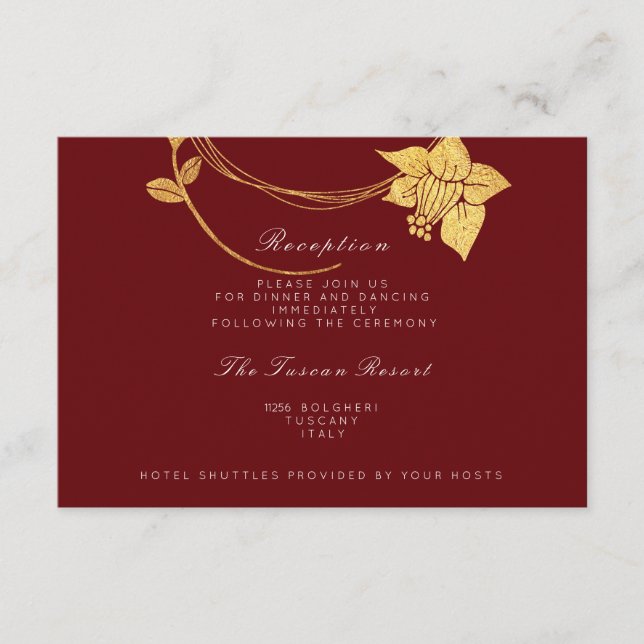 Burgundy Maroon Gold Floral Vip Wedding Reception Enclosure Card (Front)