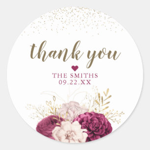 Burgundy Maroon Gold Glitter Floral Wedding Favour Classic Round Sticker