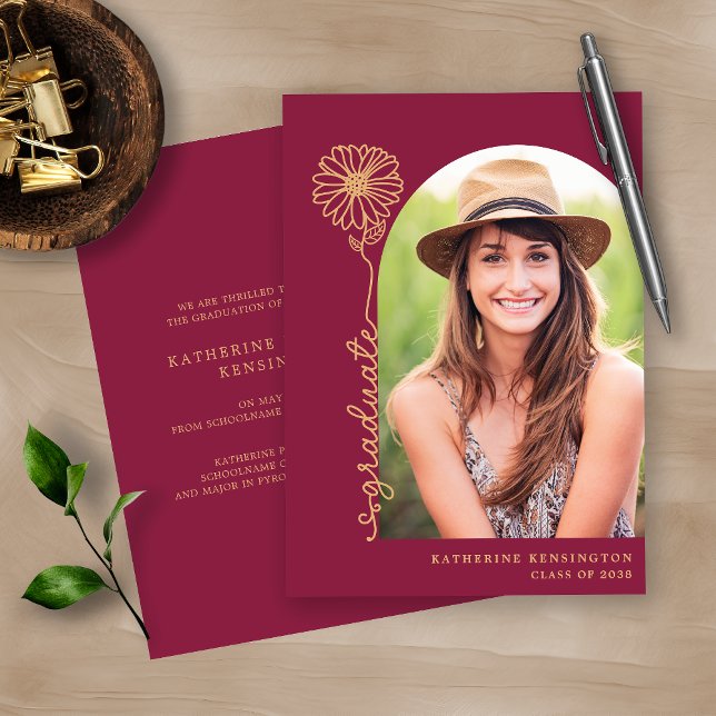 Burgundy Maroon Gold Handwritten Photo Graduation Invitation (Creator Uploaded)