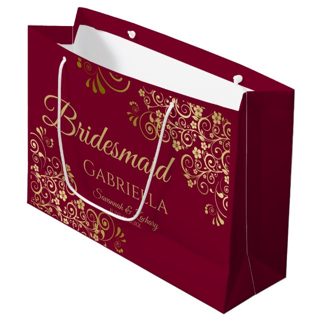 Burgundy Maroon & Gold Lace Elegant Bridesmaid Large Gift Bag (Front Angled)
