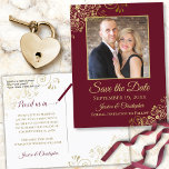 Burgundy Maroon & Gold Photo Save the Date Wedding Announcement Postcard<br><div class="desc">Let your friends and family know to save the date for your upcoming wedding with this simple yet elegant postcard. It features a beautiful design with gold text on a burgundy, maroon, or wine red colored background, and your photo surrounded by lacy gold floral filigree. The back has a cute...</div>