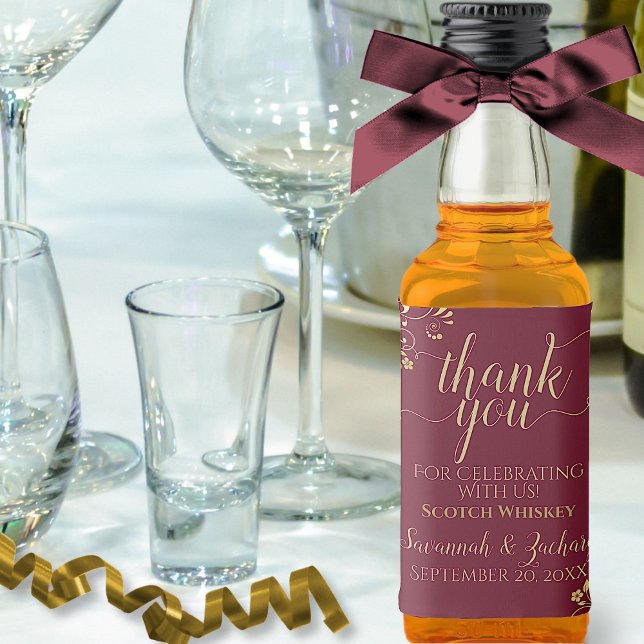 Burgundy Maroon & Gold Wedding Thank You Mini Liquor Bottle Label (In Situ with Bow)