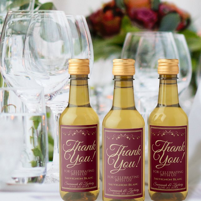 Burgundy Maroon & Gold Wedding Thank You Mini Wine Label (Creator Uploaded)