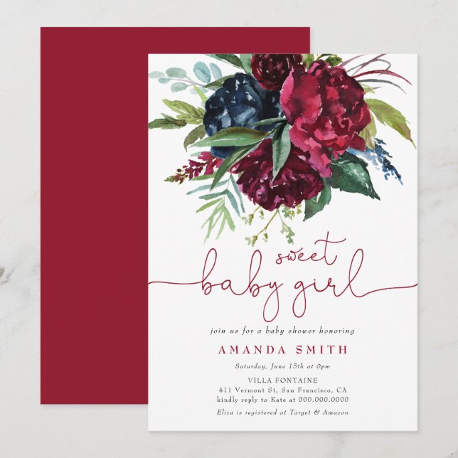 Burgundy Maroon Greenery Floral Girl Baby Shower Invitation (Front/Back)