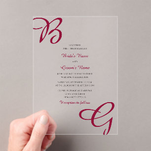 Burgundy Maroon Initials Autumn Fall Wedding Acrylic Invitations