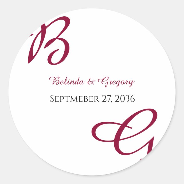 Burgundy Maroon Initials Autumn Fall Wedding  Classic Round Sticker (Front)