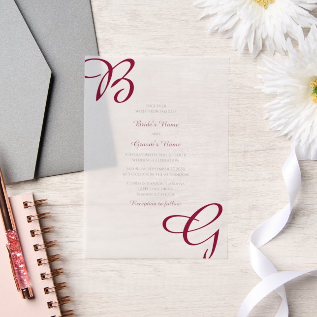 Burgundy Maroon Initials Autumn Fall Wedding Vellum Invitations (Wedding)
