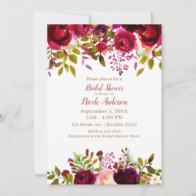 Burgundy Maroon Marsala Bordo Floral Bridal Shower Invitation (Front)