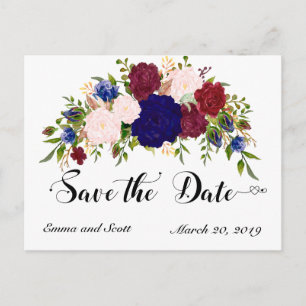 Burgundy Maroon Navy Floral Flowers Save The Date Announcement Postcard