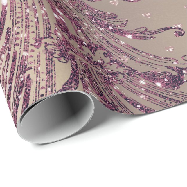 Burgundy Maroon Pink Rose Gold Royal Damask Hearts Wrapping Paper (Roll Corner)