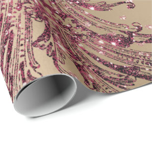 Burgundy Maroon Pink Rose Gold Royal Floral Hearts Wrapping Paper