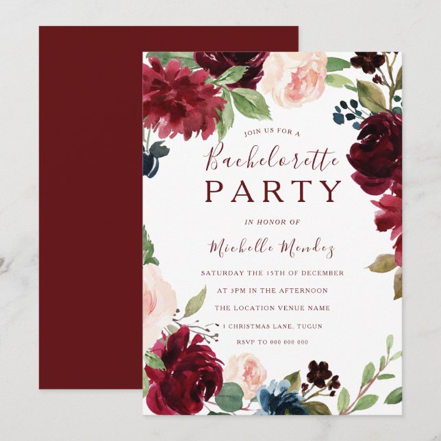 Burgundy Maroon Red Floral Bachelorette Party Invitation (Front/Back)