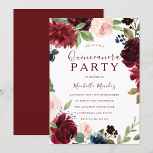 Burgundy Maroon Red Floral Quinceanera Party Invitation
