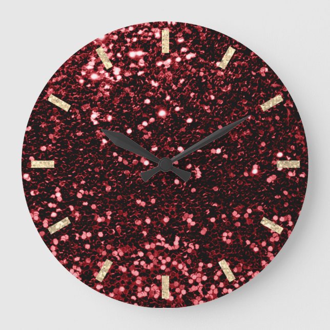 Burgundy Maroon Red Sparkly Glitter Silver Gold Large Clock (Front)