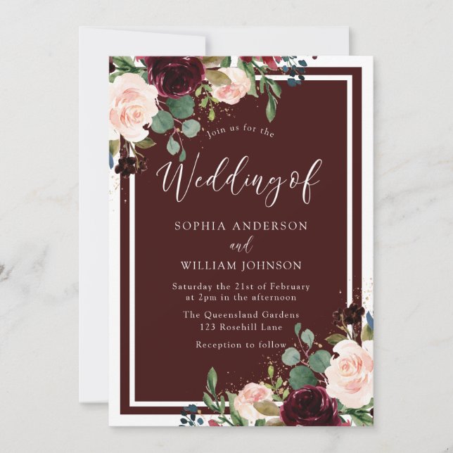 Burgundy Maroon Red Wine & Blush Flowers Wedding Invitation (Front)