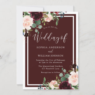 Burgundy Maroon Red Wine & Blush Flowers Wedding Invitation