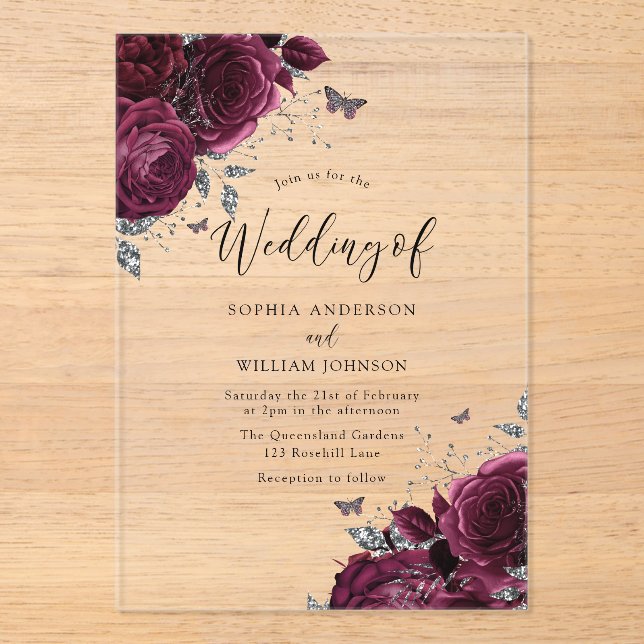 Burgundy Maroon Roses With Silver Elegant Wedding Acrylic Invitations (Front)