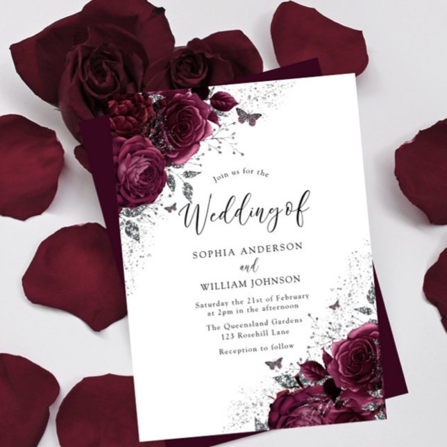 Burgundy Maroon Roses With Silver Elegant Wedding Invitation (Creator Uploaded)
