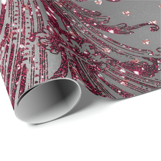 Burgundy Maroon Royal Floral Hearts Damask Silver Wrapping Paper (Roll Corner)