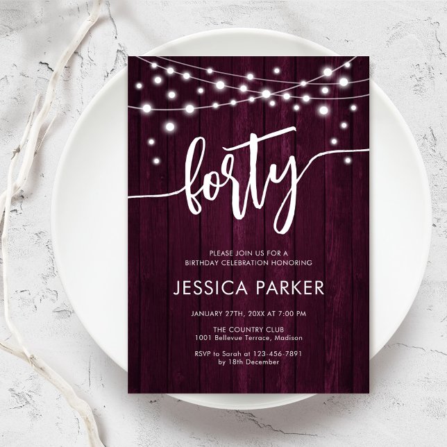 Burgundy Maroon Rustic Wood 40th Birthday Party Invitation (Creator Uploaded)