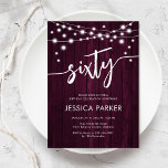 Burgundy Maroon Rustic Wood 60th Birthday Party Invitation<br><div class="desc">60th Birthday Party Invitation. Rustic design with burgundy maroon wood pattern. Classy invite card featuring fairy string lights and white script font. Perfect for a stylish sixtieth bday celebration. Personalise with your own details. Can be customised for any age! Printed Zazzle invitations or instant download digital printable template.</div>
